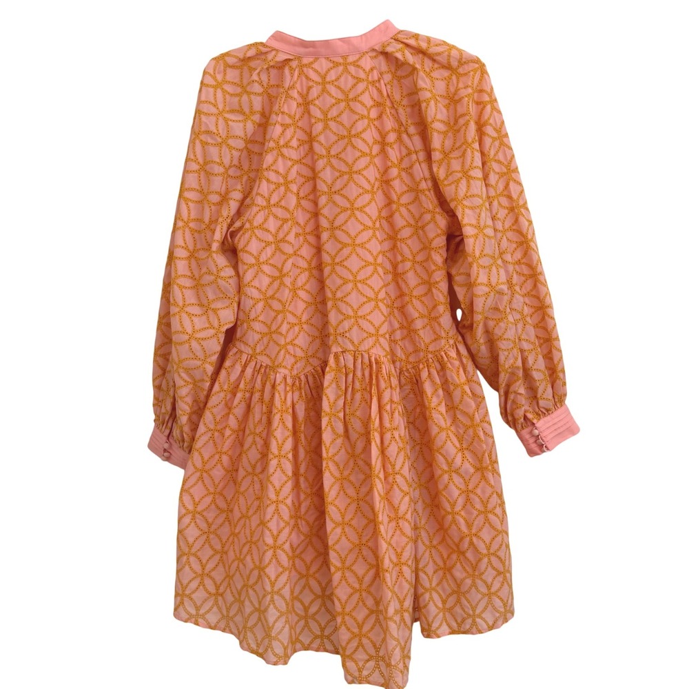 Aox Women Peach Orange Geometric Mini Dress Long Sleeve Pleated Bib Size M NWOT - Picture 5 of 11